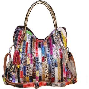 Women's Multicolor Big Boston Bag Genuine Leather RANDOM Colorful Patchwork